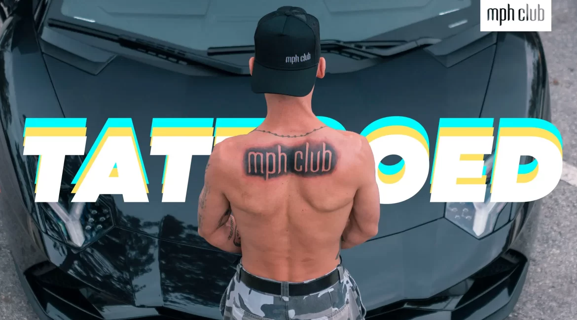 Josh Bader gets tattooed in a black Lamborghini Aventador rental from mph club exotic car rentals