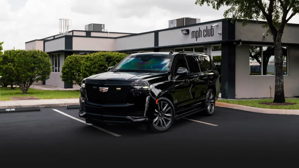 Bulletproof Cadillac Escalade for rent profile view mph club