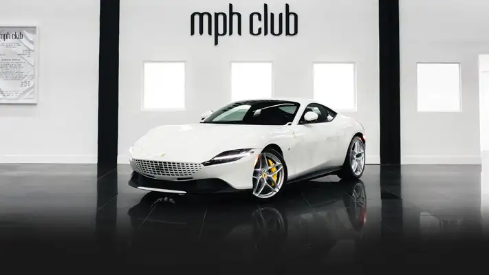 White Ferrari Roma rental miami profile view - mph club