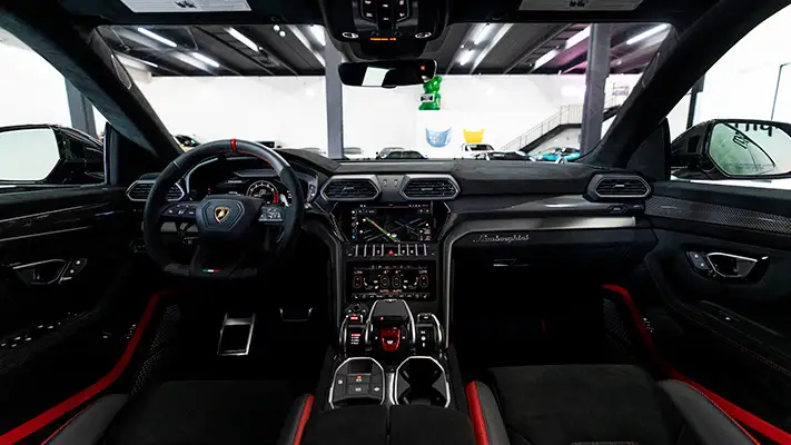 Black Lamborghini Urus Performante rental dashboard view mph club