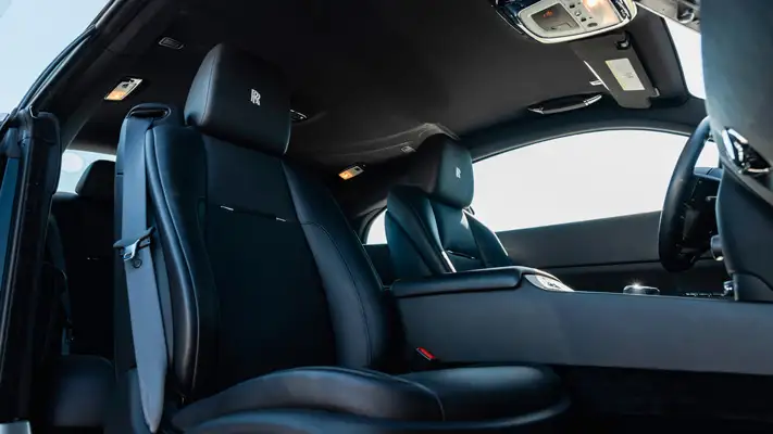 Black on black Rolls Royce Wraith rental Miami interior view mph club
