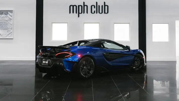 Blue McLaren 600lt rental rear view mph club