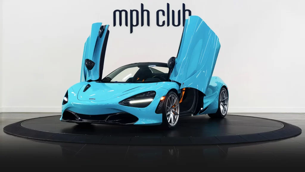 Cyan McLaren 720s Spider rental profile view mph club