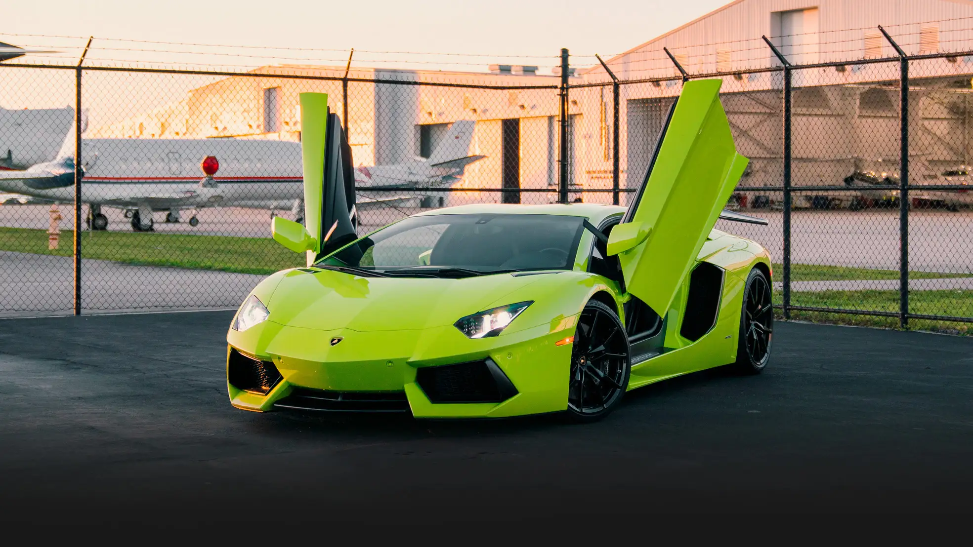 Green Lamborghini Aventador rental profile view mph club