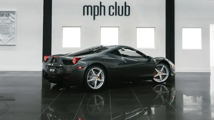 Grey Ferrari 458 Italia rental rear view mph club