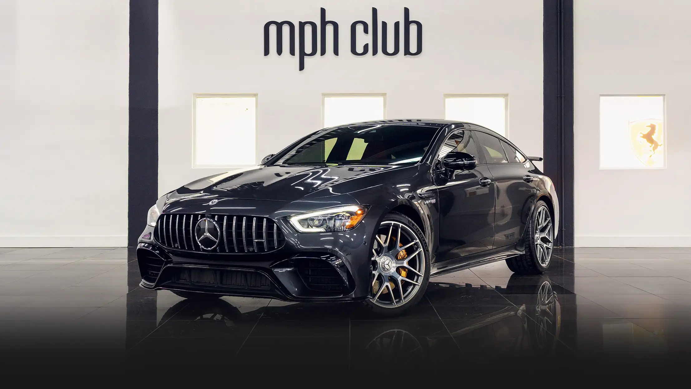 Grey on red Mercedes Benz GT 63 rental profile view mph club