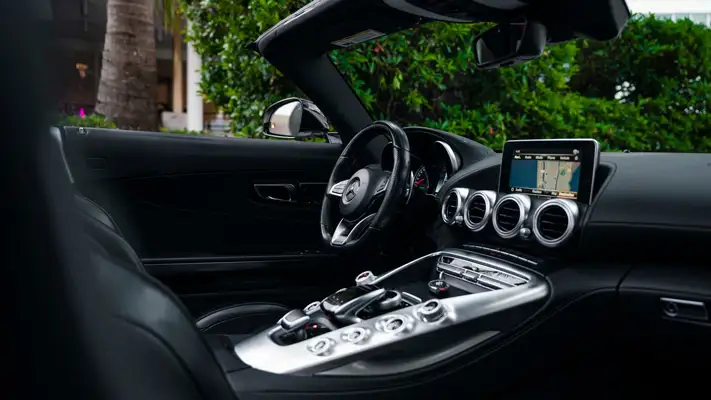 Mercedes Benz AMG GTS convertible rental dashboard view mph club