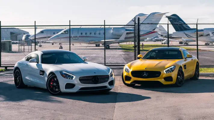White and yellow Mercedes Benz AMG GTS rental mph club