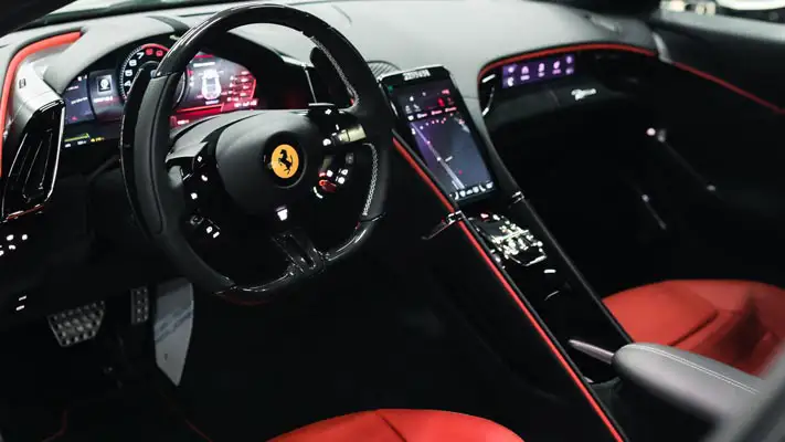 White Ferrari Roma rental Miami dashboard view mph club