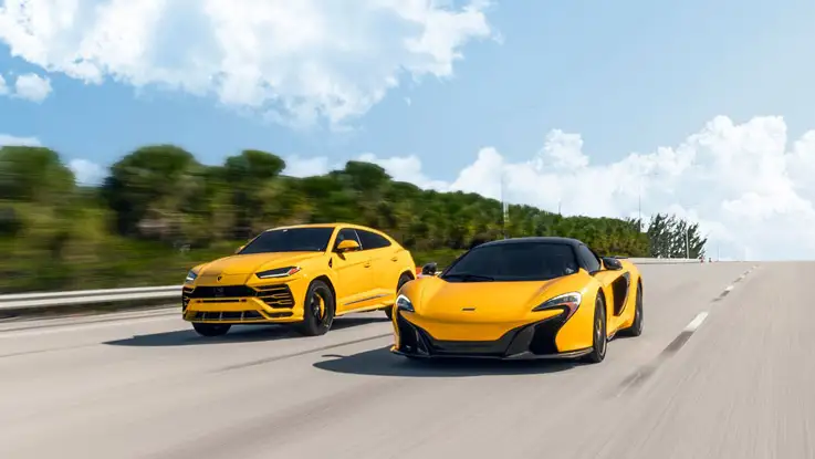 Yellow McLaren-650s Spider rental and Yellow Lamborghini Urus rental mph club