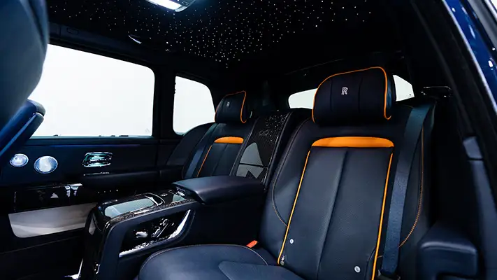 Blue Rolls Royce Cullinan Black Badge rental interior view mph club