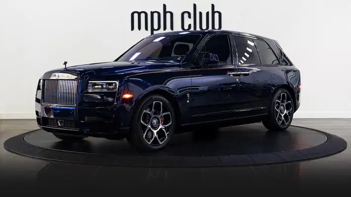 Blue Rolls Royce Cullinan Black Badge rental profile view rszd mph club