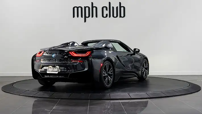 Grey on black BMW I8 rental Rear view mph club