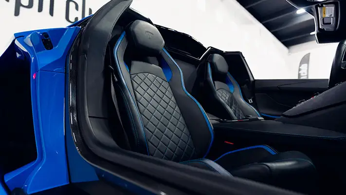 Blue on black Lamborghini Aventador S Roadster for rent interior view turntable mph club