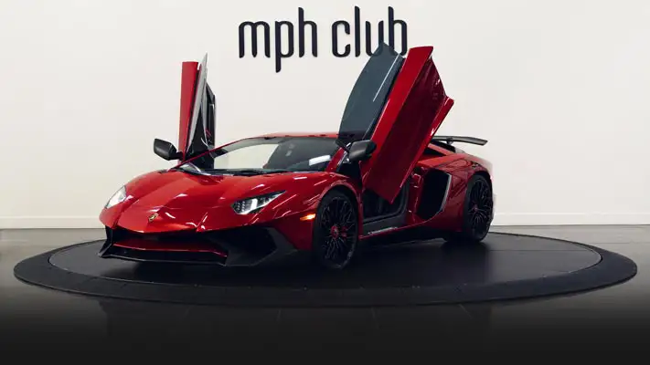 Red Lamborghini Aventador SV rental Miami profile view mph club-rszd