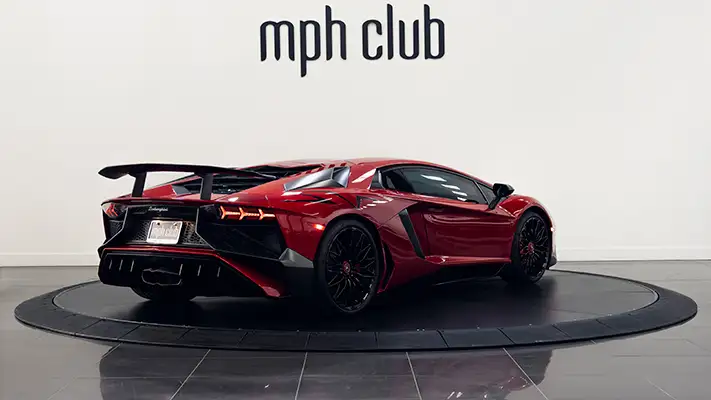 Red Lamborghini Aventador SV rental Miami rear view mph club
