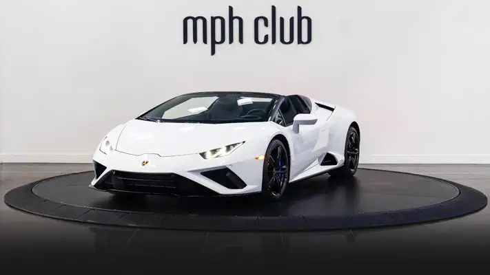 White Lamborghini Huracan Evo rental profile view mph club rszd