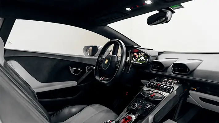 Grey Lamborghini Huracan Coupe rental dashboard view turntable - mph club