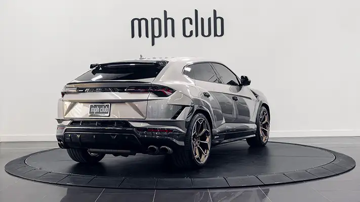 Grey Lamborghini Urus Performante rental rear view mph club