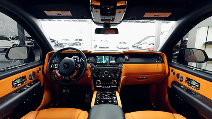 Matte black Rolls Royce Cullinan rental dashboard view mph club