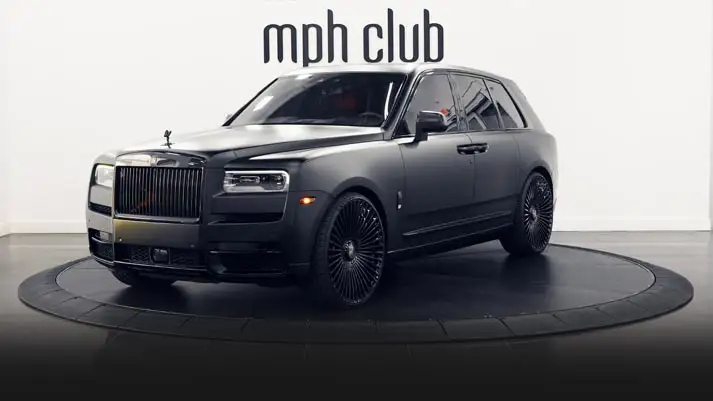 Matte black Rolls Royce Cullinan rental profile view rszd mph club