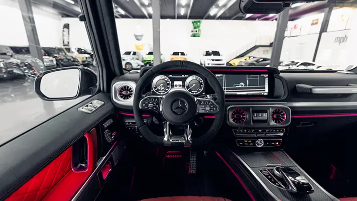 Mercedes Benz AMG G63 4x4 SUV rental dashboard view mph club