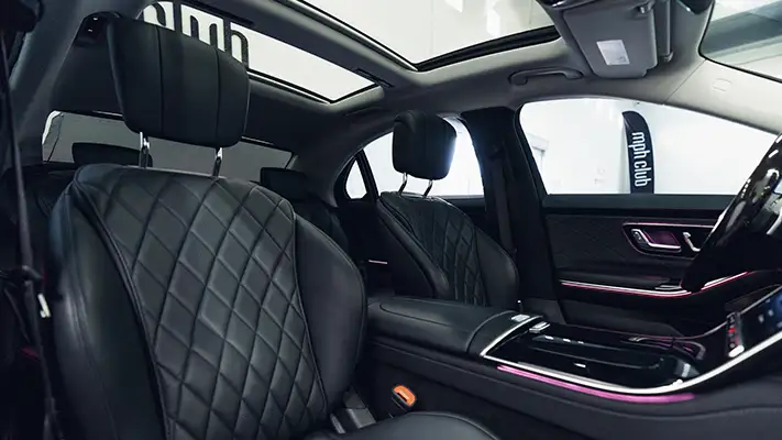Black Mercedes Benz S Class 580 rental interior view mph club turntable