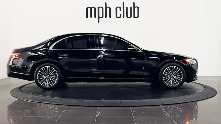 Black Mercedes Benz S Class 580 rental side view mph club turntable