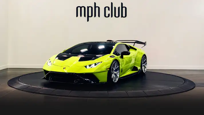 Green Lamborghini Huracan rental profile view rszd - mph club