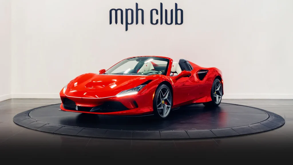 Red with white Ferrari F8 Spider rental profile view - mph club