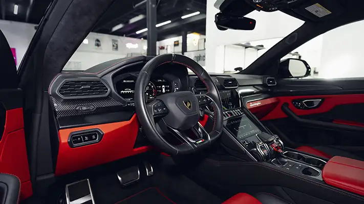 Black on red Lamborghini Urus rental dashboard view turntable - mph club