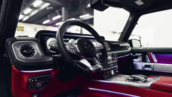 Black with red Mercedes Benz G63 AMG G Wagon rental dashboard view - mph club