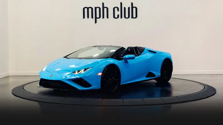 Blue Lamborghini Huracan EVO Spider rental interior view turntable rszd - mph club