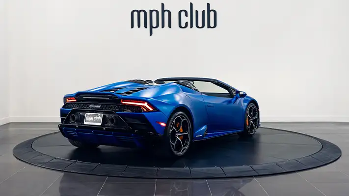 Blue matte Lamborghini Huracan EVO Spyder rental rear view - mph club