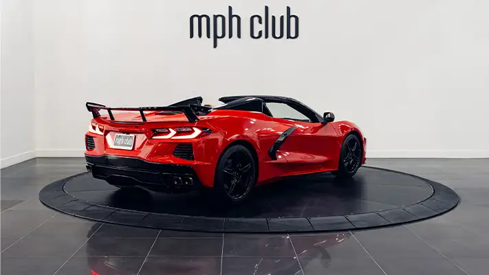 Red with brown Chevrolet Corvette C8 rental rear view - mph club