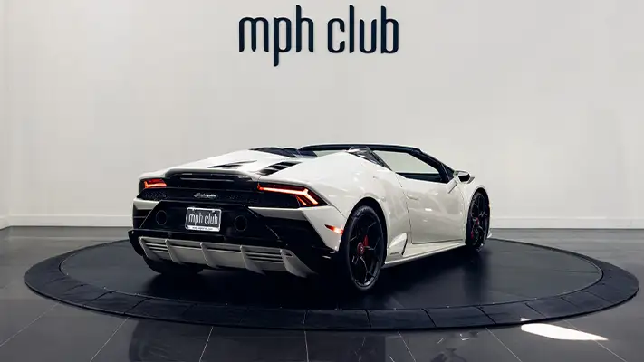 White on red Lamborghini Huracan EVO Spyder rental rear view - mph club