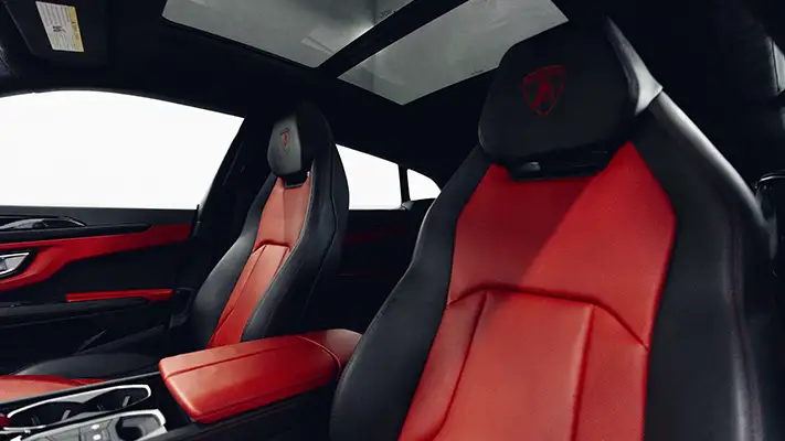 White on red Lamborghini Urus rental Miami interior view turntable - mph club