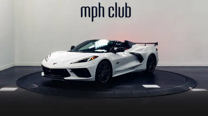 White on white Chevrolet Corvette C8 rental profile view rszd - mph club