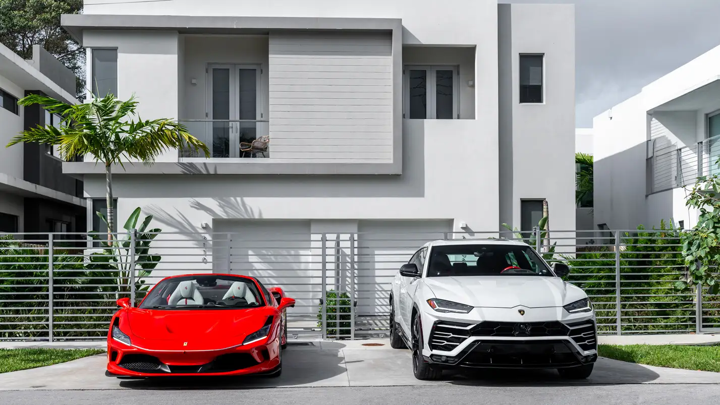front view Ferrari F8 and Lamborghini Urus rental from mph club at Host and Keep property