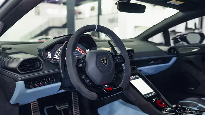 Grey Lamborghini Huracan Tecnica rental miami dashboard view - mph club