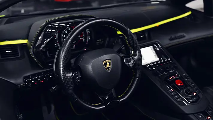Yellow Lamborghini Aventador S Roadster rental dashboard view - mph club