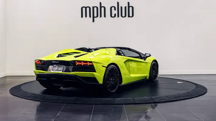 Yellow Lamborghini Aventador S Roadster rental rear view - mph club