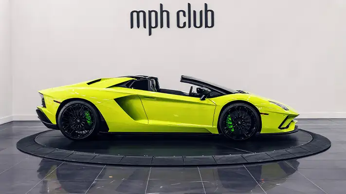 Yellow Lamborghini Aventador S Roadster rental side view - mph club