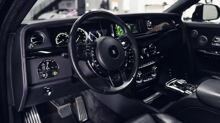 Black on black Rolls Royce Phantom rental dashboard view - mph club
