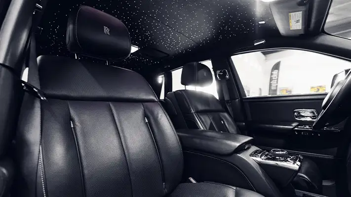 Black on black Rolls Royce Phantom rental interior view - mph club