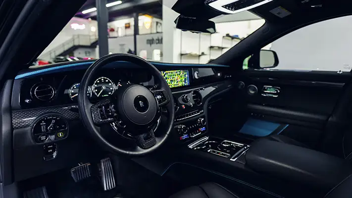 Black Rolls Royce Ghost dashboard view rental - mph club