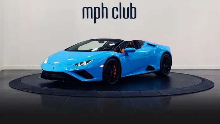 Blue with orange Lamborghini Huracan Evo Spider rental profile view turntable rszd - mph club