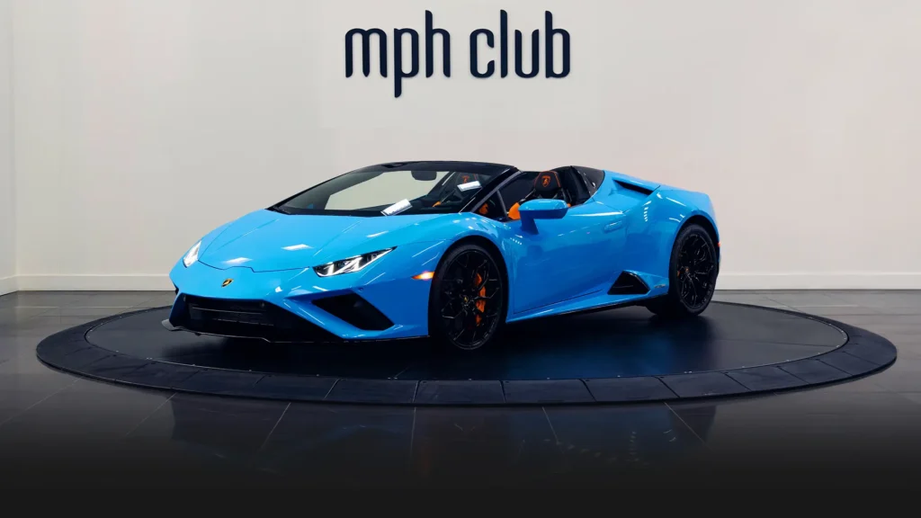 Blue with orange Lamborghini Huracan Evo Spider rental profile view turntable - mph club