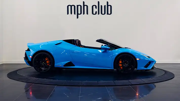 Blue with orange Lamborghini Huracan Evo Spider rental side view turntable - mph club