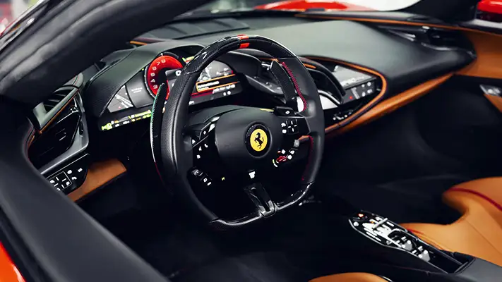 Red Ferrari SF90 Spider profile dashboard view - mph club